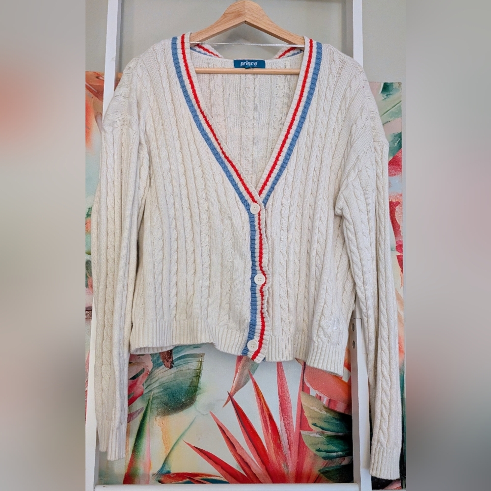Prince White Cable Knit Cardigan with Red and Blue Accents